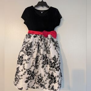 Tahari Black and White Floral Dress with Red Accent Christmas